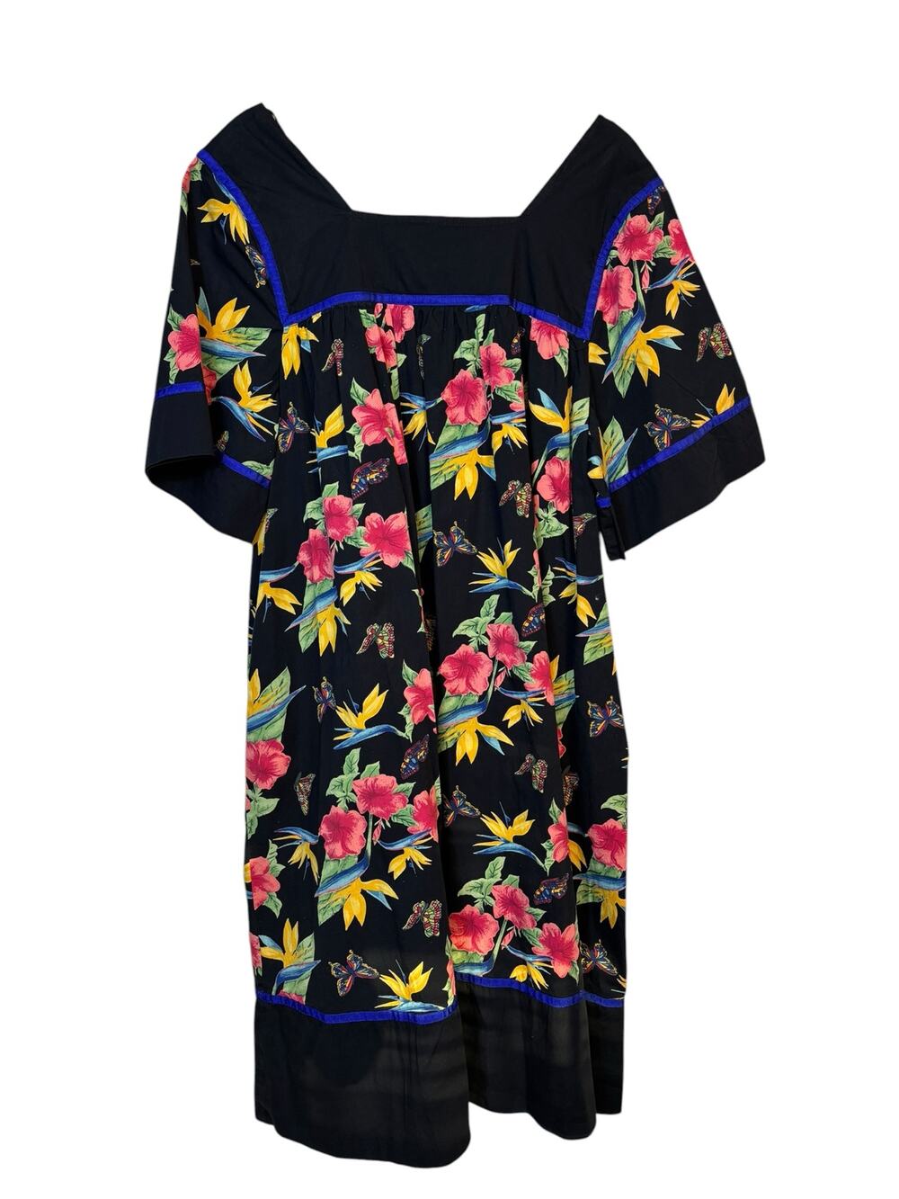 Bechamel Tropical Floral Cotton Flowy Dress Large Hibiscus Butterfly Pockets